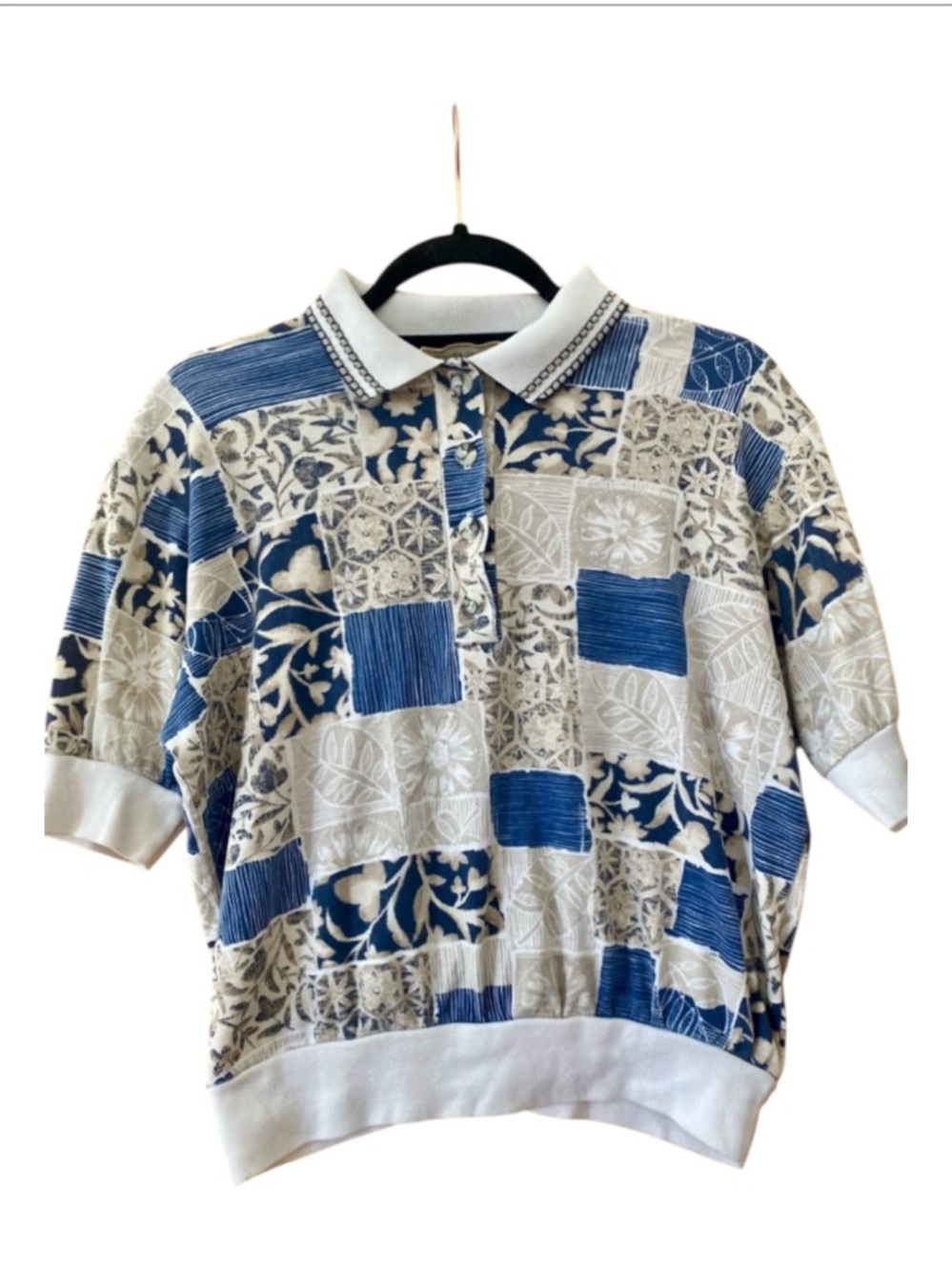 Vintage Season Ticket 90s Patchwork Floral Polo Knit Top Blue Cream M